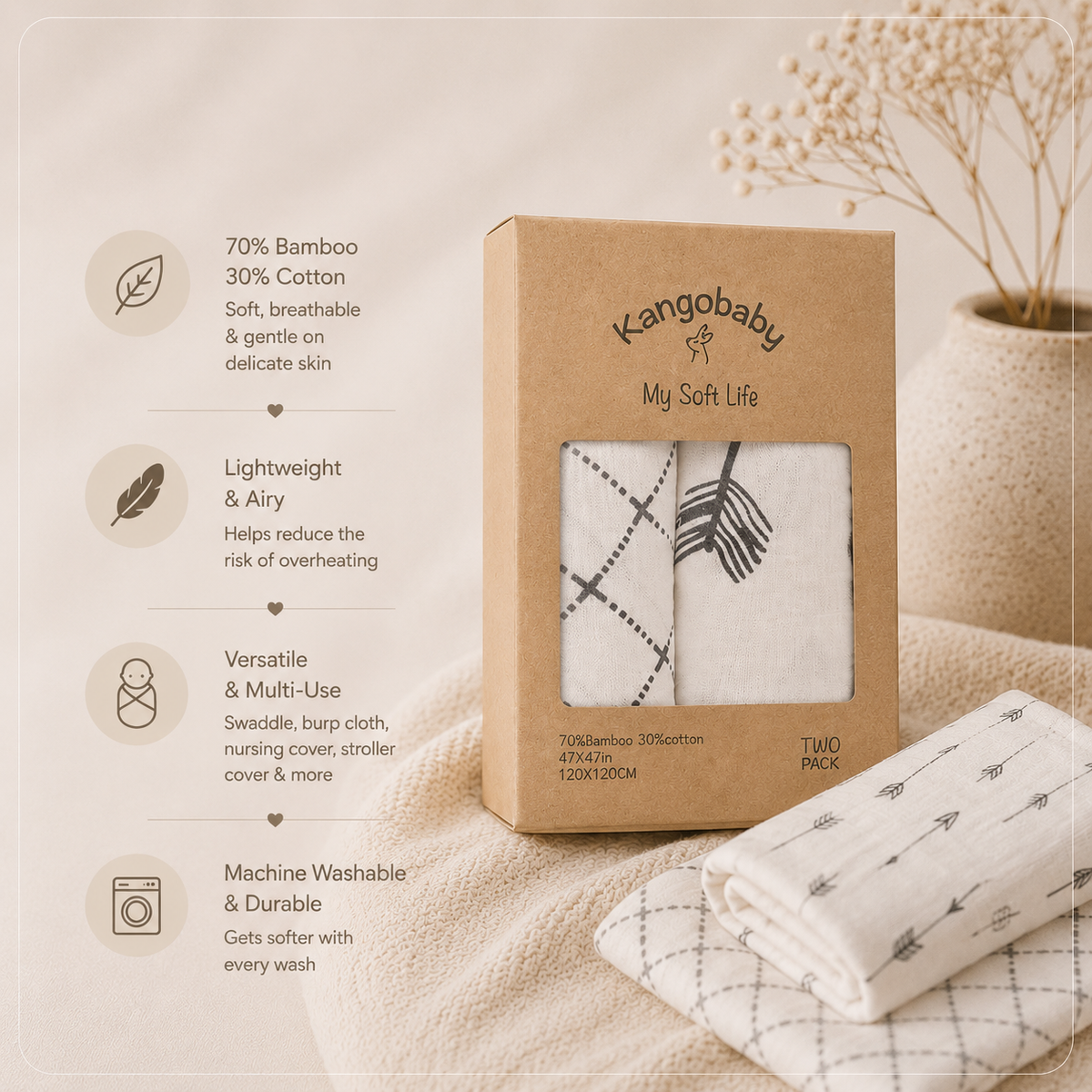Kangobaby Soft Cotton Baby Swaddle (Single Price)